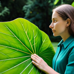 A thoughtful, professional woman, fully clothed in a modest, contemporary business casual outfit, gently observing the intricate structure of a large, vibrant green leaf with curiosity. She is standing outdoors in a serene botanical garden, with soft, natural light illuminating the scene. Her hands are well-formed and natural, holding the leaf with care. The background shows blurred greenery and a hint of modern, sustainable architectural elements. The atmosphere is calm and contemplative. safe for work, appropriate content, fully clothed, professional, perfect anatomy, correct proportions, natural pose, well-formed hands, proper finger count, natural body proportions, professional photography, high quality.