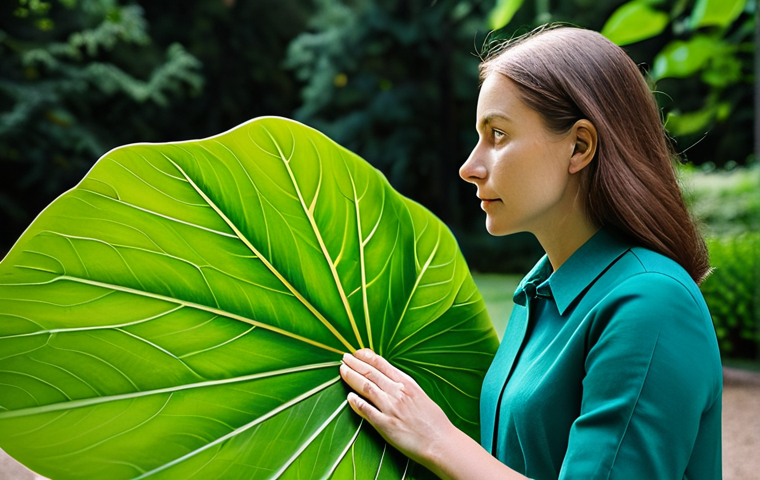 A thoughtful, professional woman, fully clothed in a modest, contemporary business casual outfit, gently observing the intricate structure of a large, vibrant green leaf with curiosity. She is standing outdoors in a serene botanical garden, with soft, natural light illuminating the scene. Her hands are well-formed and natural, holding the leaf with care. The background shows blurred greenery and a hint of modern, sustainable architectural elements. The atmosphere is calm and contemplative. safe for work, appropriate content, fully clothed, professional, perfect anatomy, correct proportions, natural pose, well-formed hands, proper finger count, natural body proportions, professional photography, high quality.