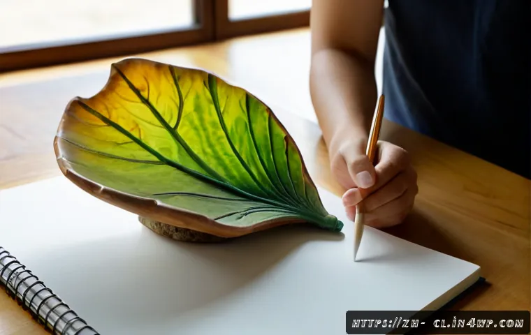 생체모방 예술과 인문학의 융합 - Photorealistic museum studio scene where a contemporary sculptor studies a delicate biomimetic sculp...